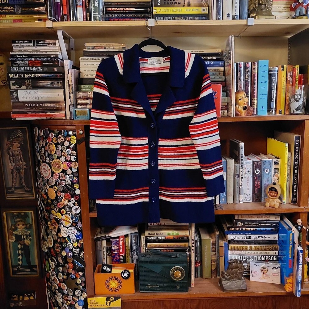 Vintage white, navy, and red striped collard cardigan.